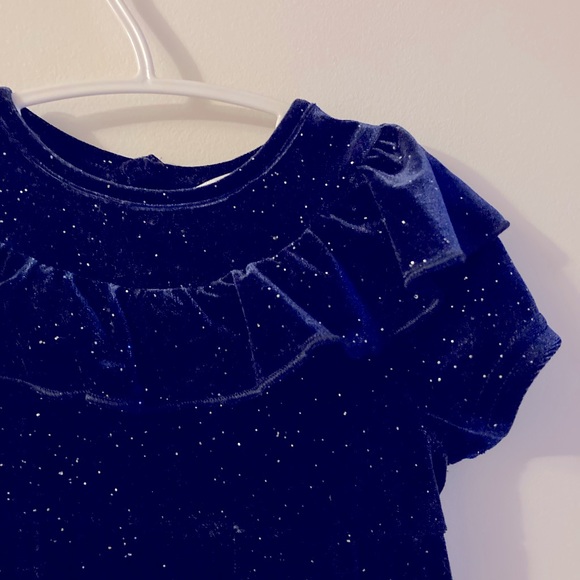 Sparkly Velvet Soft Navy Romper with Ruffle Collar and Snap Bottom - Picture 5 of 5
